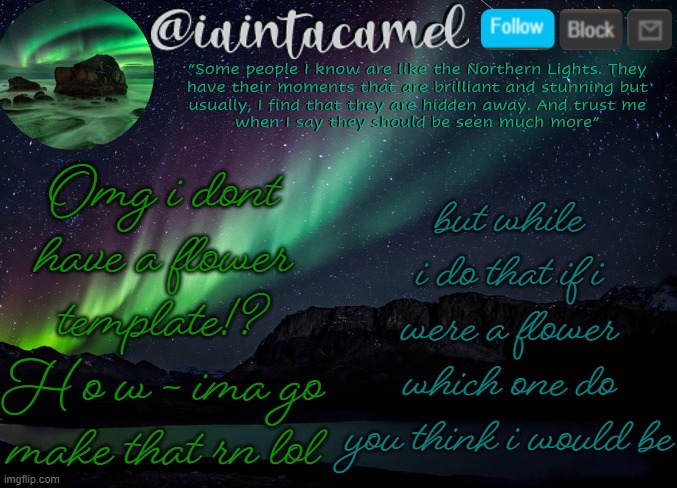 iaintacamel | Omg i dont have a flower template!? H o w - ima go make that rn lol; but while i do that if i were a flower which one do you think i would be | image tagged in iaintacamel | made w/ Imgflip meme maker