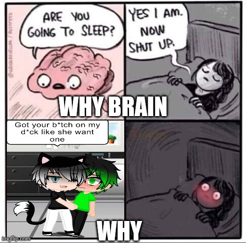 My brain when I wanna sleep: NSFW with your OCs bitchass! (Yes I took off the gloves cause fuçk my design.) | WHY BRAIN; WHY | image tagged in are you going to sleep | made w/ Imgflip meme maker