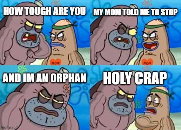 How Tough Are You | MY MOM TOLD ME TO STOP; HOW TOUGH ARE YOU; AND IM AN ORPHAN; HOLY CRAP | image tagged in memes,how tough are you | made w/ Imgflip meme maker