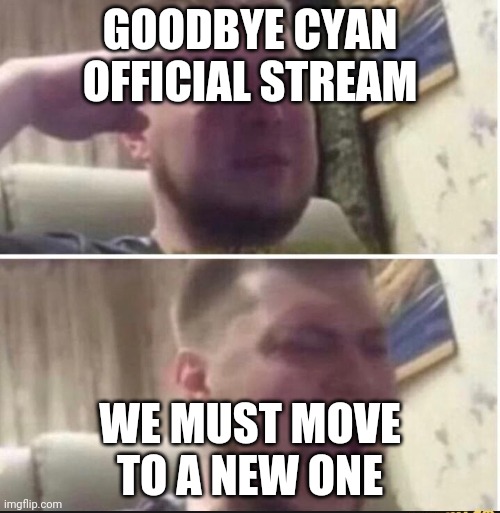 I'm going to unfollow soon | GOODBYE CYAN OFFICIAL STREAM; WE MUST MOVE TO A NEW ONE | image tagged in crying salute,goodbye | made w/ Imgflip meme maker