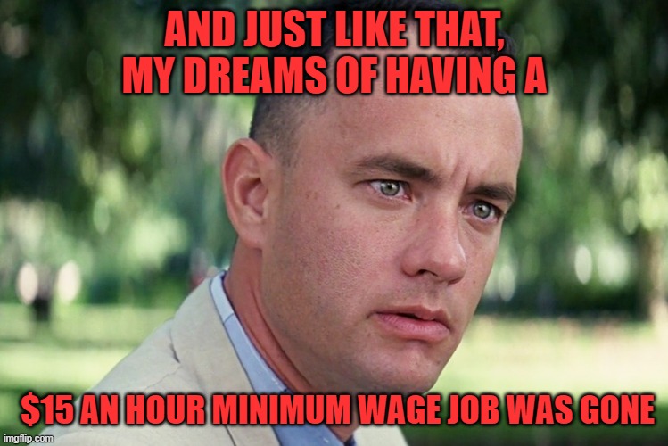 Biden stabs his base in the back once again. | AND JUST LIKE THAT, MY DREAMS OF HAVING A; $15 AN HOUR MINIMUM WAGE JOB WAS GONE | image tagged in and just like that,betrayal,minimum wage,biden,backstabber | made w/ Imgflip meme maker