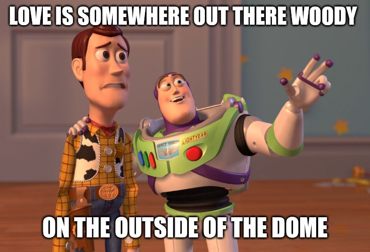 X, X Everywhere Meme | LOVE IS SOMEWHERE OUT THERE WOODY; ON THE OUTSIDE OF THE DOME | image tagged in memes,x x everywhere | made w/ Imgflip meme maker