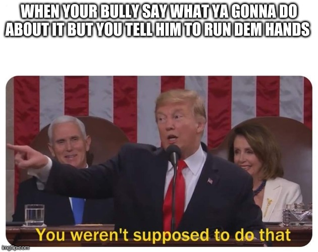 You weren't supposed to do that | WHEN YOUR BULLY SAY WHAT YA GONNA DO ABOUT IT BUT YOU TELL HIM TO RUN DEM HANDS | image tagged in you weren't supposed to do that | made w/ Imgflip meme maker