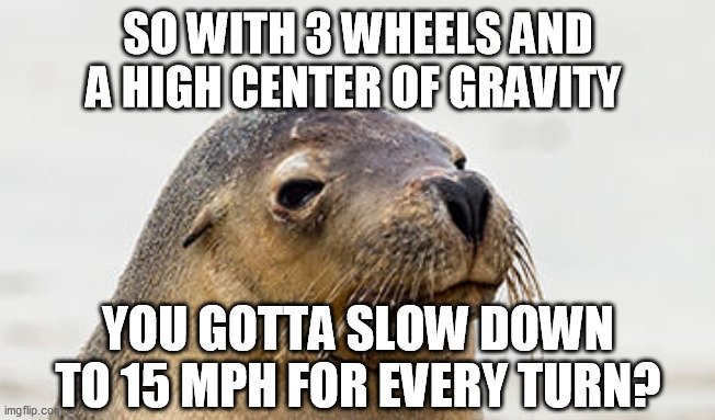 DAYUMMMM | SO WITH 3 WHEELS AND A HIGH CENTER OF GRAVITY YOU GOTTA SLOW DOWN TO 15 MPH FOR EVERY TURN? | image tagged in dayummmm | made w/ Imgflip meme maker