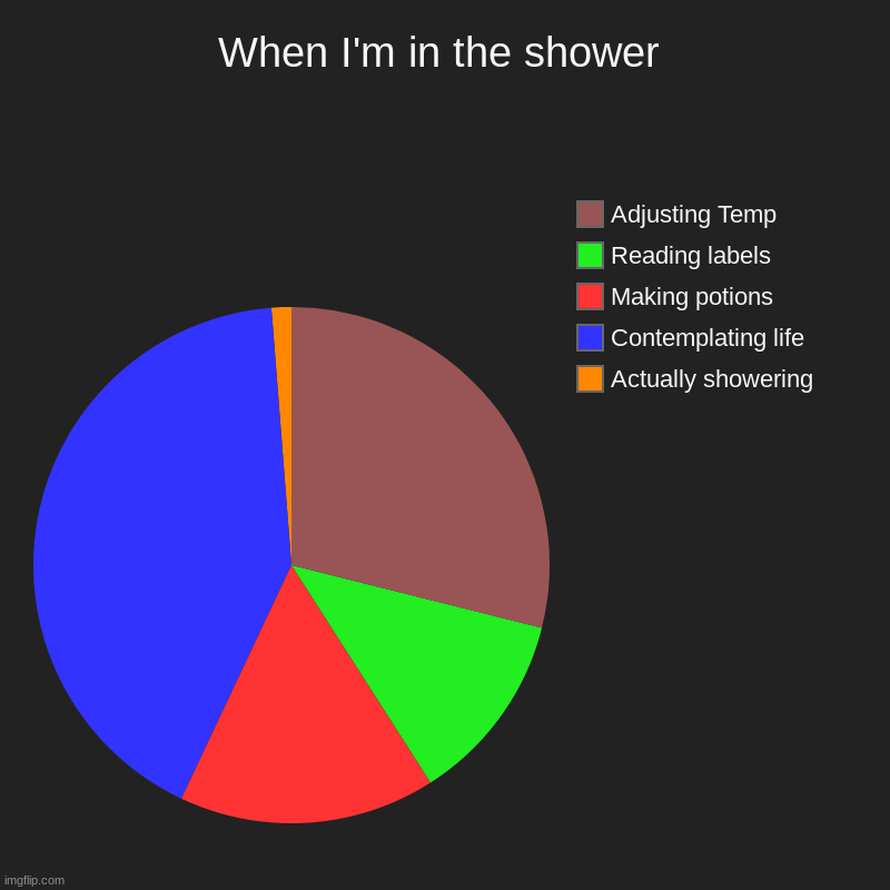 Lol | When I'm in the shower | Actually showering, Contemplating life, Making potions, Reading labels, Adjusting Temp | image tagged in charts,pie charts | made w/ Imgflip chart maker