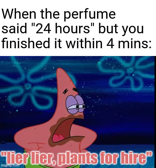 yes |  When the perfume said "24 hours" but you finished it within 4 mins:; "lier lier, plants for hire" | image tagged in patrick star internet disgust | made w/ Imgflip meme maker