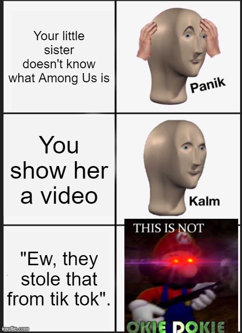 DEO BEE L1KE DAT DOEUGH | Your little sister doesn't know what Among Us is; You show her a video; "Ew, they stole that from tik tok". | image tagged in memes,panik kalm panik | made w/ Imgflip meme maker