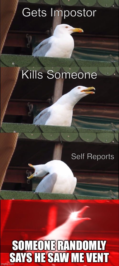 Inhaling Seagull Meme | Gets Impostor; Kills Someone; Self Reports; SOMEONE RANDOMLY SAYS HE SAW ME VENT | image tagged in memes,inhaling seagull | made w/ Imgflip meme maker