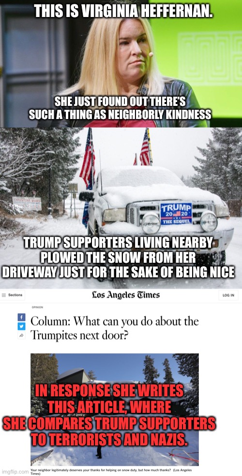 Any questions? | THIS IS VIRGINIA HEFFERNAN. SHE JUST FOUND OUT THERE’S SUCH A THING AS NEIGHBORLY KINDNESS; TRUMP SUPPORTERS LIVING NEARBY PLOWED THE SNOW FROM HER DRIVEWAY JUST FOR THE SAKE OF BEING NICE; IN RESPONSE SHE WRITES THIS ARTICLE, WHERE SHE COMPARES TRUMP SUPPORTERS TO TERRORISTS AND NAZIS. | image tagged in libtards,democrats,stupid liberals | made w/ Imgflip meme maker