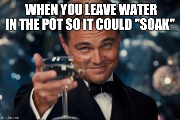 Leonardo Dicaprio Cheers Meme | WHEN YOU LEAVE WATER IN THE POT SO IT COULD "SOAK" | image tagged in memes,leonardo dicaprio cheers | made w/ Imgflip meme maker
