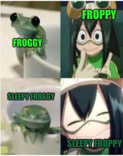 Froppy | FROPPY; FROGGY; SLEEPY FROGGY; SLEEPY FROPPY | image tagged in precious tsu,froppy,mha,two happy frogs,froppy is best frog | made w/ Imgflip meme maker