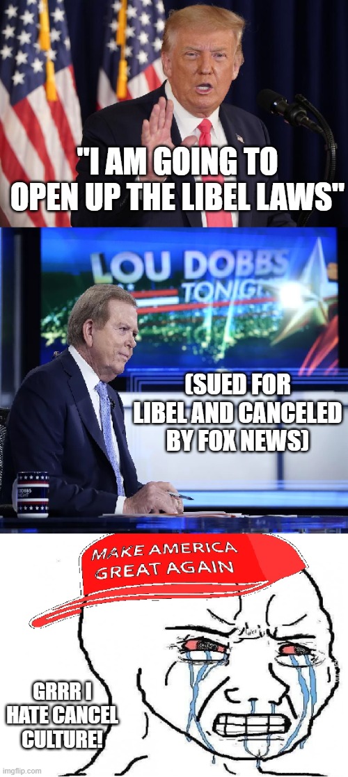 MAGA don't like the free market. | "I AM GOING TO OPEN UP THE LIBEL LAWS"; (SUED FOR LIBEL AND CANCELED BY FOX NEWS); GRRR I HATE CANCEL CULTURE! | image tagged in trump,dobbs,cancel culture | made w/ Imgflip meme maker