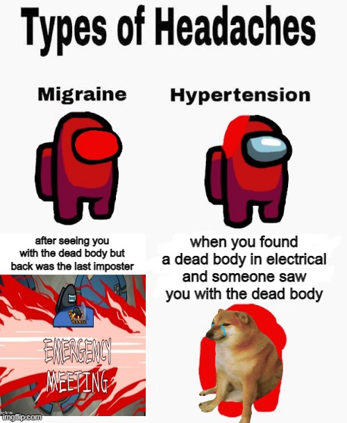 read till the end |  when you found a dead body in electrical and someone saw you with the dead body; after seeing you with the dead body but back was the last imposter | image tagged in among us types of headaches | made w/ Imgflip meme maker