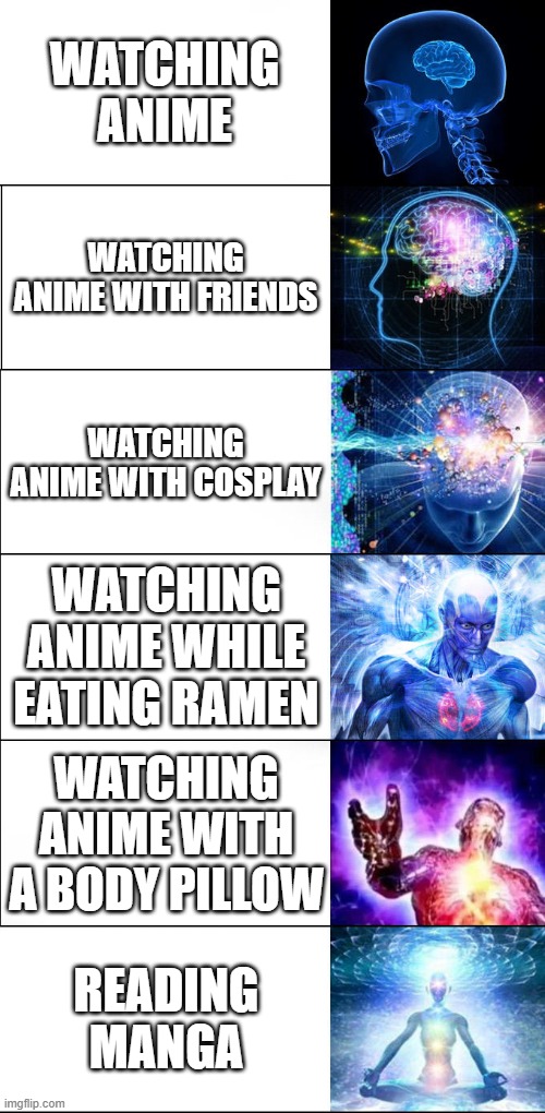 How to watch anime (best tutorial ever) | WATCHING ANIME; WATCHING ANIME WITH FRIENDS; WATCHING ANIME WITH COSPLAY; WATCHING ANIME WHILE EATING RAMEN; WATCHING ANIME WITH A BODY PILLOW; READING MANGA | image tagged in mindblowing template | made w/ Imgflip meme maker