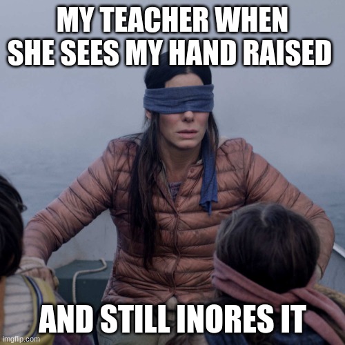 Bird Box Meme | MY TEACHER WHEN SHE SEES MY HAND RAISED; AND STILL IGNORES IT | image tagged in memes,bird box | made w/ Imgflip meme maker