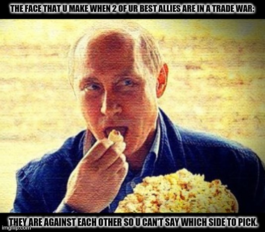 Putin Eating Popcorn | THE FACE THAT U MAKE WHEN 2 OF UR BEST ALLIES ARE IN A TRADE WAR:; THEY ARE AGAINST EACH OTHER SO U CAN'T SAY WHICH SIDE TO PICK. | image tagged in memes,putin cheers,trade war | made w/ Imgflip meme maker