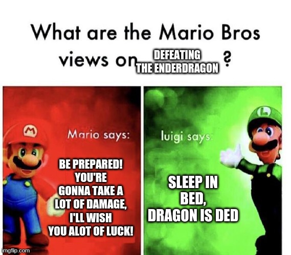 dunno if it's repost but as far as i know it isn't..... | DEFEATING THE ENDERDRAGON; BE PREPARED! YOU'RE GONNA TAKE A LOT OF DAMAGE, I'LL WISH YOU ALOT OF LUCK! SLEEP IN BED, DRAGON IS DED | image tagged in mario bros views,beds,dreams tactic,this tag is useless,and this is another bullcrap tag,guess what it's bullcrap tag 3 | made w/ Imgflip meme maker
