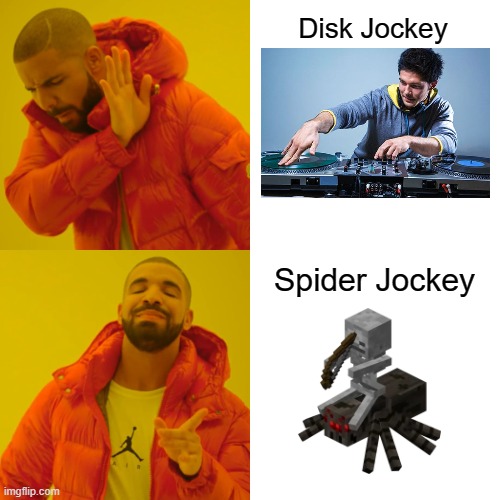 Who needs a DJ if you can have a SJ? | Disk Jockey; Spider Jockey | image tagged in memes,drake hotline bling | made w/ Imgflip meme maker