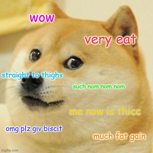 ME NEED BISCIT NOM | wow; very eat; straight to thighs; such nom nom nom; me now is thicc; omg plz giv biscit; much fat gain | image tagged in memes,doge | made w/ Imgflip meme maker