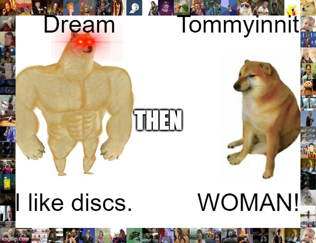 Dream vs Tommy THEN | Dream; Tommyinnit; THEN; I like discs. WOMAN! | image tagged in memes,buff doge vs cheems | made w/ Imgflip meme maker