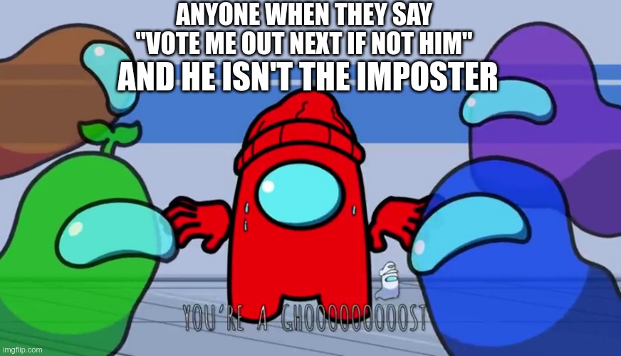 Among Us Logic vote me next | ANYONE WHEN THEY SAY "VOTE ME OUT NEXT IF NOT HIM"; AND HE ISN'T THE IMPOSTER | image tagged in you're a ghost | made w/ Imgflip meme maker