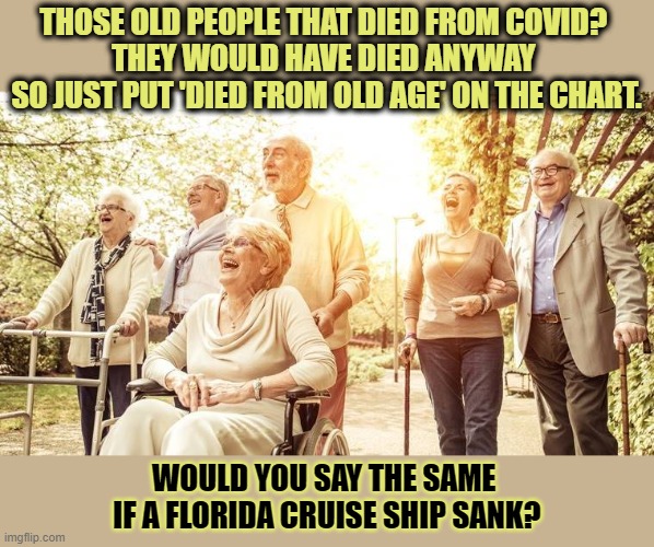 If old people die from Covid, they died from old age? | THOSE OLD PEOPLE THAT DIED FROM COVID? 
THEY WOULD HAVE DIED ANYWAY 
SO JUST PUT 'DIED FROM OLD AGE' ON THE CHART. WOULD YOU SAY THE SAME 
IF A FLORIDA CRUISE SHIP SANK? | image tagged in old,covid19,covidiots | made w/ Imgflip meme maker