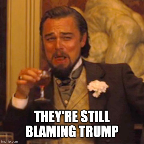 Politics and stuff | THEY'RE STILL BLAMING TRUMP | image tagged in memes,laughing leo | made w/ Imgflip meme maker