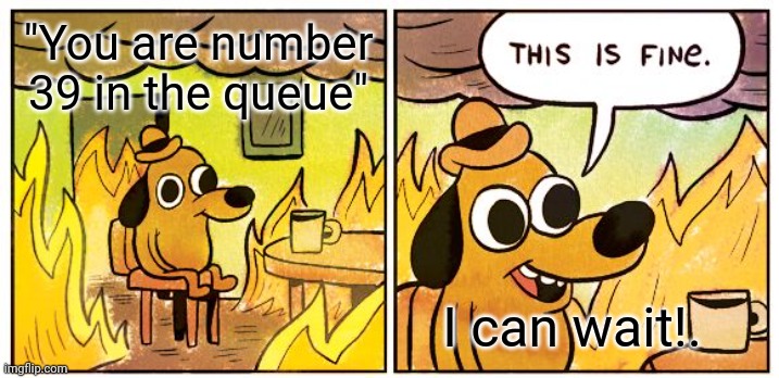 This Is Fine Meme | "You are number 39 in the queue"; I can wait!. | image tagged in memes,this is fine | made w/ Imgflip meme maker