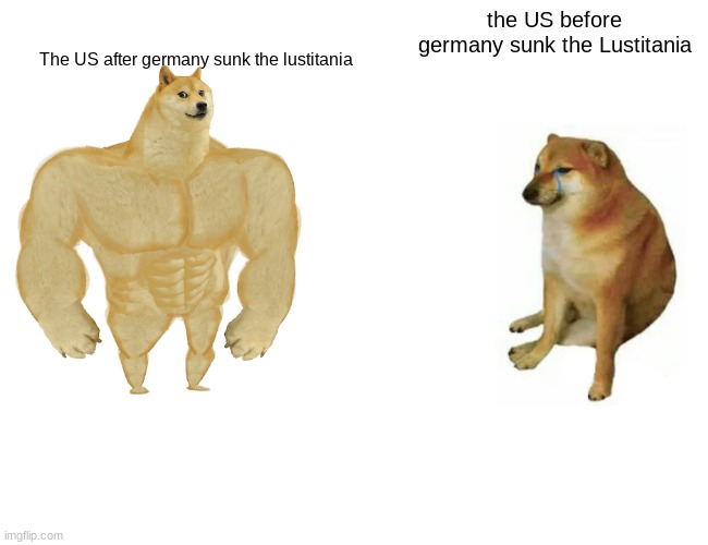 US before and after the lustitania | the US before germany sunk the Lustitania; The US after germany sunk the lustitania | image tagged in memes,buff doge vs cheems | made w/ Imgflip meme maker