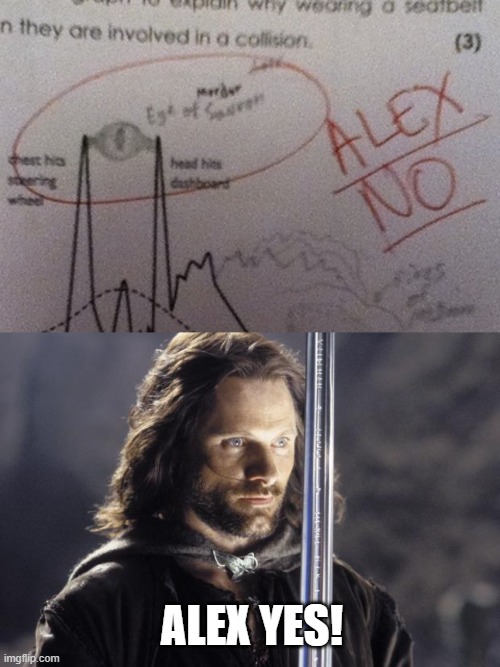 Alex is ma boi! | ALEX YES! | image tagged in aragorn with sword,memes,eye of sauron,alex,no,yes | made w/ Imgflip meme maker