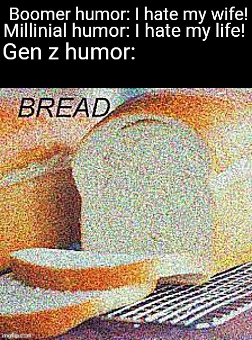 b r e a d |  Millinial humor: I hate my life! Boomer humor: I hate my wife! Gen z humor: | image tagged in bread | made w/ Imgflip meme maker