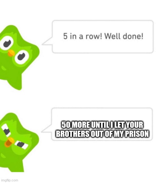 nope but why | 50 MORE UNTIL I LET YOUR BROTHERS OUT OF MY PRISON | image tagged in duolingo 5 in a row | made w/ Imgflip meme maker