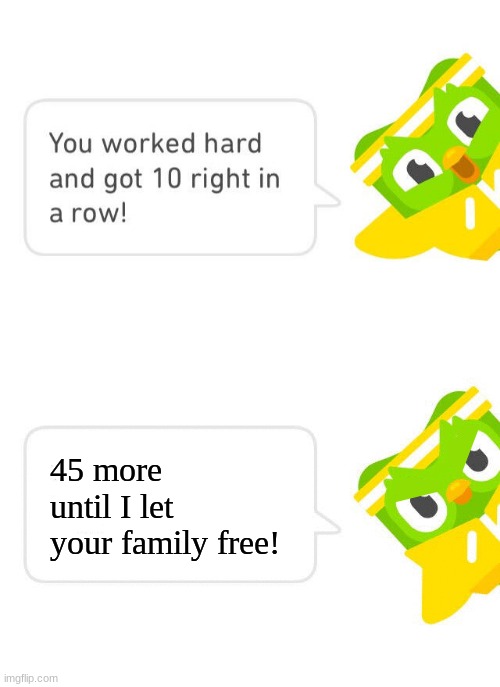 Again?! | 45 more until I let your family free! | image tagged in duolingo 10 in a row | made w/ Imgflip meme maker