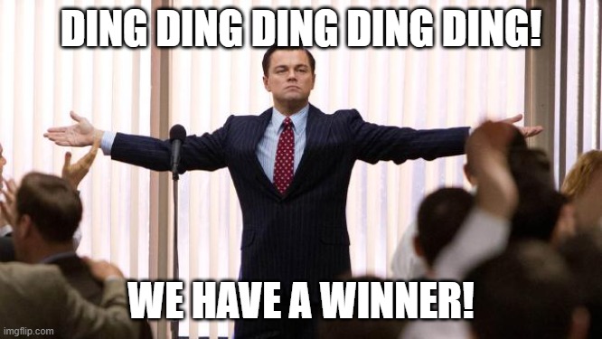 Leonardo DiCaprio winner | DING DING DING DING DING! WE HAVE A WINNER! | image tagged in leonardo dicaprio winner | made w/ Imgflip meme maker