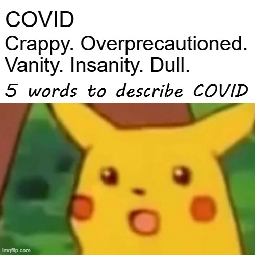 Surprised Pikachu | COVID; Crappy. Overprecautioned. Vanity. Insanity. Dull. 5 words to describe COVID | image tagged in memes,surprised pikachu | made w/ Imgflip meme maker