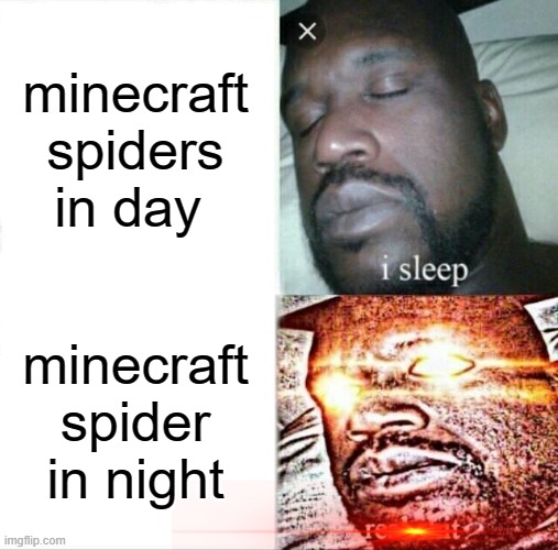 Sleeping Shaq Meme | minecraft spiders in day; minecraft spider in night | image tagged in memes,sleeping shaq | made w/ Imgflip meme maker
