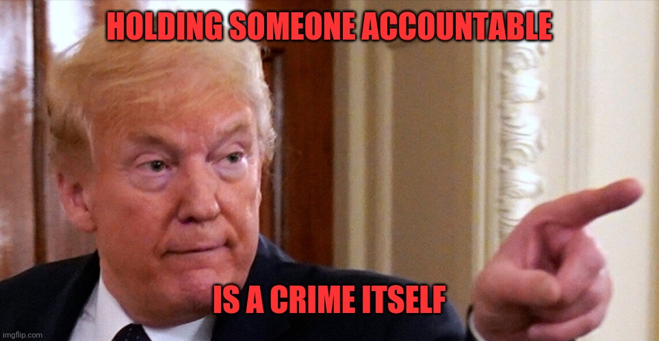 Trump pointing | HOLDING SOMEONE ACCOUNTABLE IS A CRIME ITSELF | image tagged in trump pointing | made w/ Imgflip meme maker