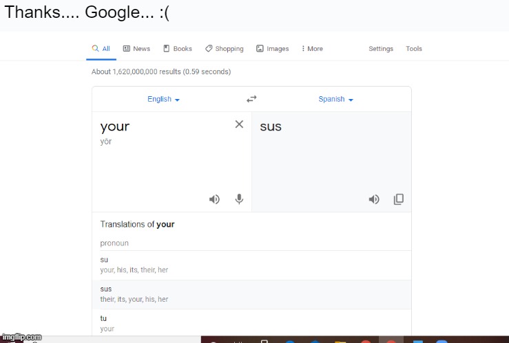 Well now I'm the Suspicious One ¯\_(ツ)_/¯ | Thanks.... Google... :( | image tagged in google translate,among us,sus,google,too funny,memes | made w/ Imgflip meme maker