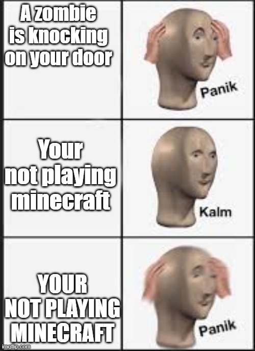 oh no | A zombie is knocking on your door; Your not playing minecraft; YOUR NOT PLAYING MINECRAFT | image tagged in panik kalm panik | made w/ Imgflip meme maker