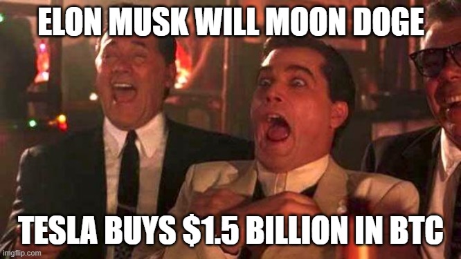 Elon Plays Doge Moon Bois | ELON MUSK WILL MOON DOGE; TESLA BUYS $1.5 BILLION IN BTC | image tagged in goodfellas laughing scene henry hill | made w/ Imgflip meme maker