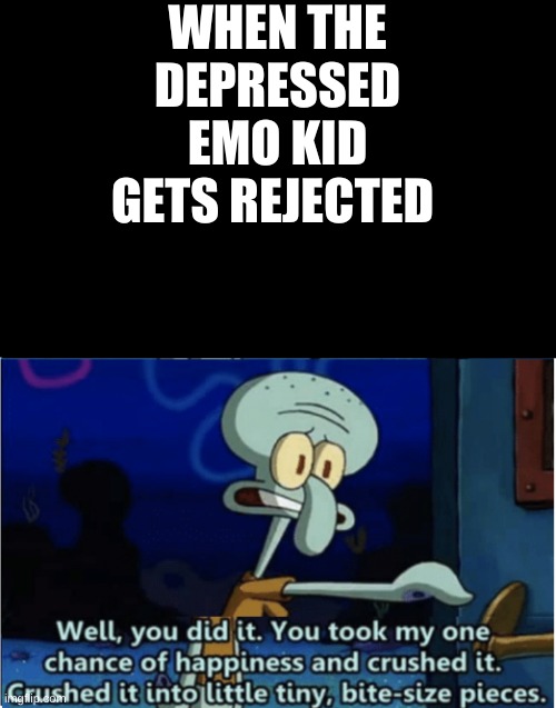 you did it, you took my one chance at happiness and crushed it | WHEN THE DEPRESSED EMO KID GETS REJECTED | image tagged in you did it you took my one chance at happiness and crushed it | made w/ Imgflip meme maker