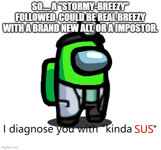 yeah nvm ignore this | SO.... A "STORMY-BREEZY" FOLLOWED, COULD BE REAL BREEZY WITH A BRAND NEW ALT, OR A IMPOSTOR. | image tagged in among us sus | made w/ Imgflip meme maker