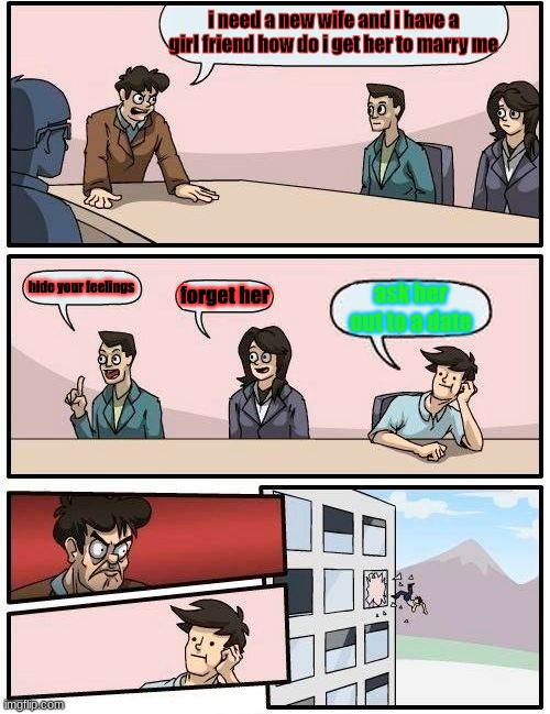 Boardroom Meeting Suggestion Meme | i need a new wife and i have a girl friend how do i get her to marry me; hide your feelings; forget her; ask her out to a date | image tagged in memes,boardroom meeting suggestion | made w/ Imgflip meme maker