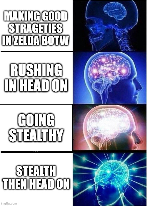 Expanding Brain | MAKING GOOD STRAGETIES IN ZELDA BOTW; RUSHING IN HEAD ON; GOING STEALTHY; STEALTH THEN HEAD ON | image tagged in memes,expanding brain | made w/ Imgflip meme maker
