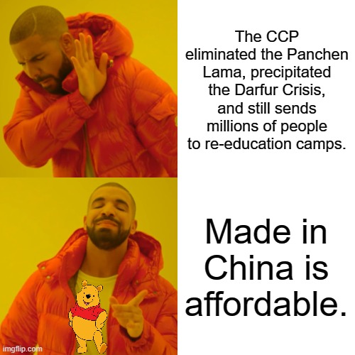 Drake sees what he wants in the world. | The CCP eliminated the Panchen Lama, precipitated the Darfur Crisis, and still sends millions of people to re-education camps. Made in China is affordable. | image tagged in drake hotline bling,china,winnie the pooh,brainwashed | made w/ Imgflip meme maker