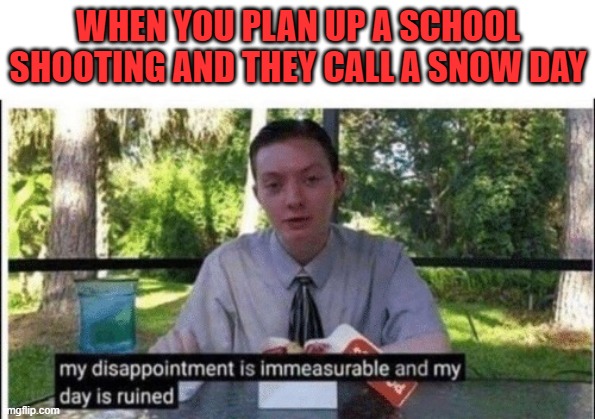 Hate when this happens | WHEN YOU PLAN UP A SCHOOL SHOOTING AND THEY CALL A SNOW DAY | image tagged in my dissapointment is immeasurable and my day is ruined,dark humor,school shooting,memes,funny | made w/ Imgflip meme maker