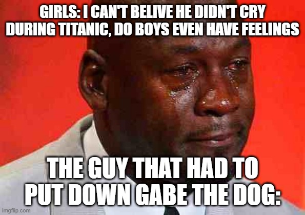 crying michael jordan | GIRLS: I CAN'T BELIVE HE DIDN'T CRY DURING TITANIC, DO BOYS EVEN HAVE FEELINGS; THE GUY THAT HAD TO PUT DOWN GABE THE DOG: | image tagged in crying michael jordan | made w/ Imgflip meme maker