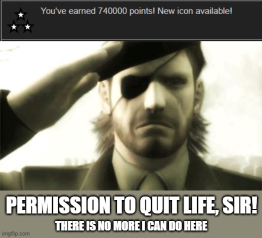 Thanks for helping me reach my life goals, lofty though they be. | PERMISSION TO QUIT LIFE, SIR! THERE IS NO MORE I CAN DO HERE | image tagged in big boss salute,memes,new icon,quit life | made w/ Imgflip meme maker