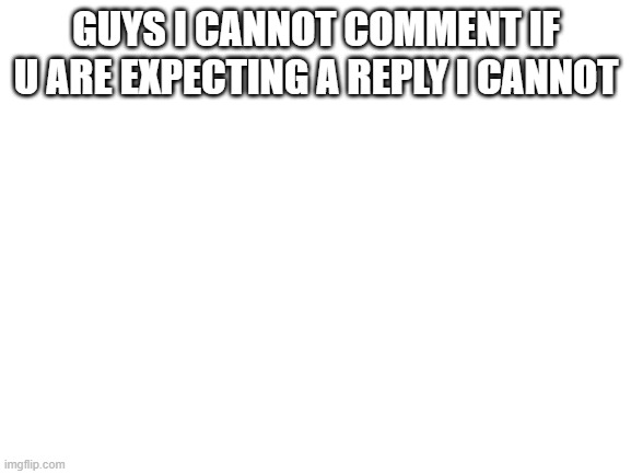 Blank White Template | GUYS I CANNOT COMMENT IF U ARE EXPECTING A REPLY I CANNOT | image tagged in blank white template | made w/ Imgflip meme maker