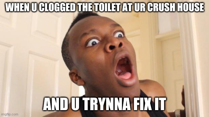 LOL KSI | WHEN U CLOGGED THE TOILET AT UR CRUSH HOUSE; AND U TRYNNA FIX IT | image tagged in surprised ksi | made w/ Imgflip meme maker